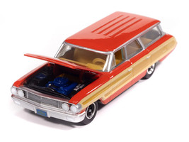 1964 Ford Country Squire Poppy Red with Woodgrain Sides Muscle Wagons Series 1/64 Diecast Model Car Auto World 64522-AWSP205B