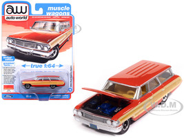 1964 Ford Country Squire Poppy Red with Woodgrain Sides Muscle Wagons Series 1/64 Diecast Model Car Auto World 64522-AWSP205B