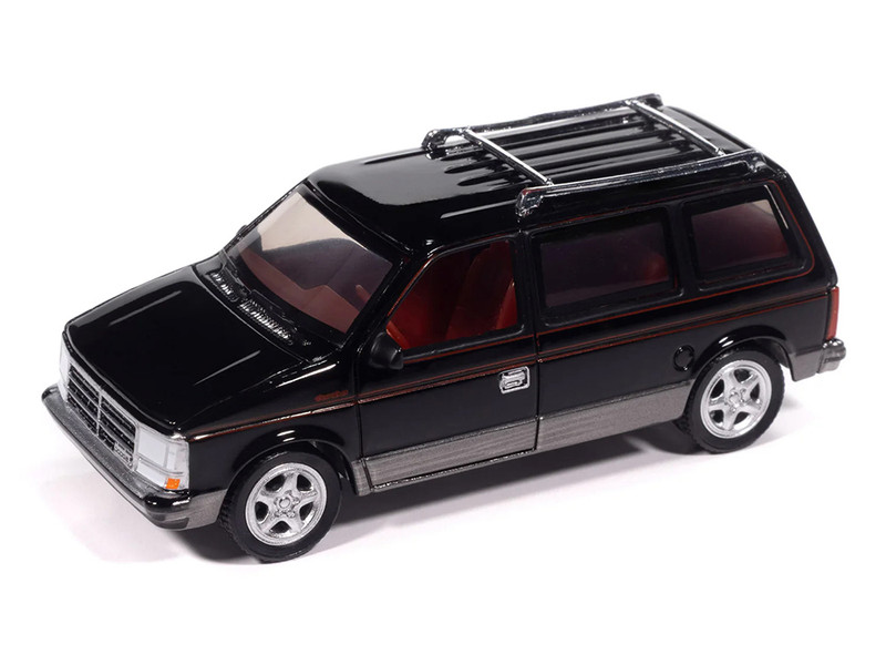 1989 Dodge Caravan Turbo Van Black with Red Stripes and Interior Mighty Minivans Series 1/64 Diecast Model Car Auto World 64522-AWSP206B