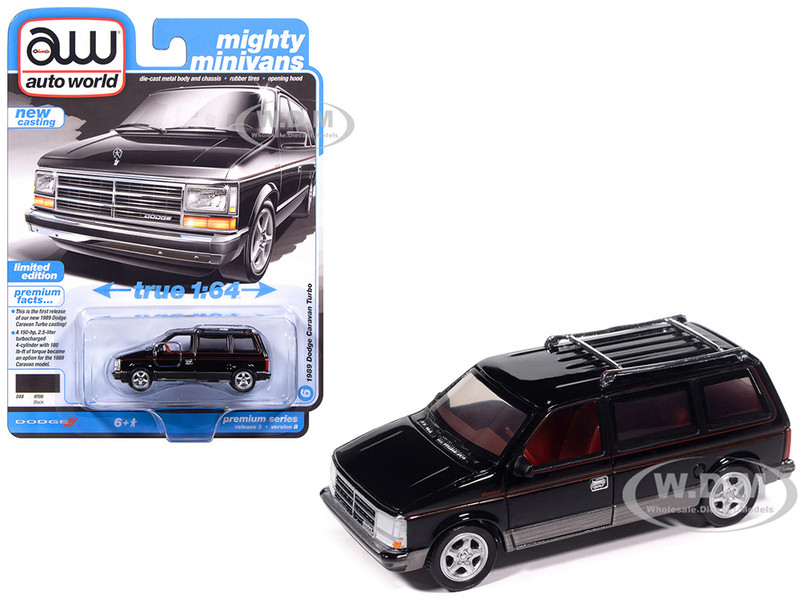 1989 Dodge Caravan Turbo Van Black with Red Stripes and Interior Mighty Minivans Series 1/64 Diecast Model Car Auto World 64522-AWSP206B