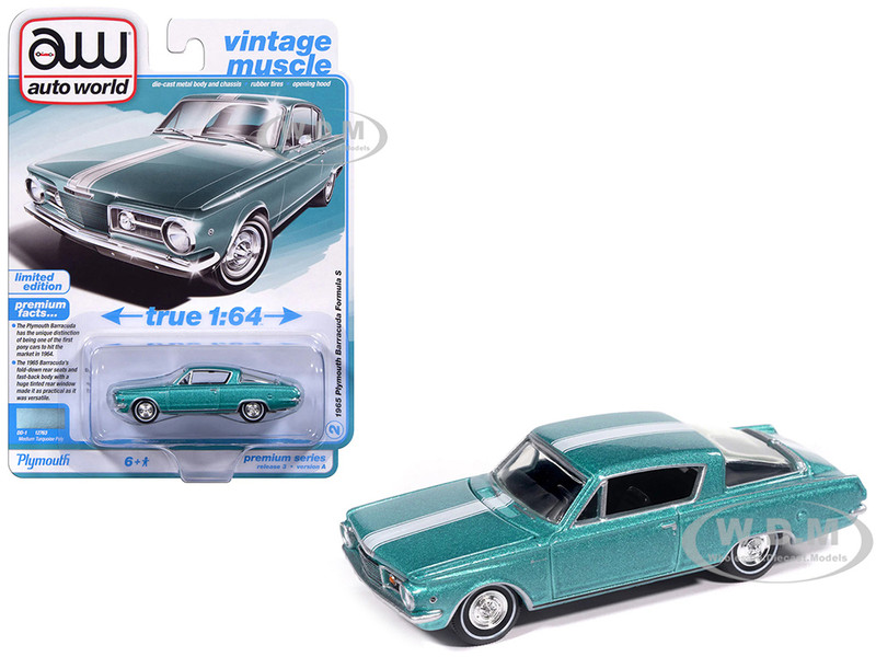 1965 Plymouth Barracuda Formula S Turquoise Metallic with White Stripe Vintage Muscle Series 1/64 Diecast Model Car Auto World 64522-AWSP207A