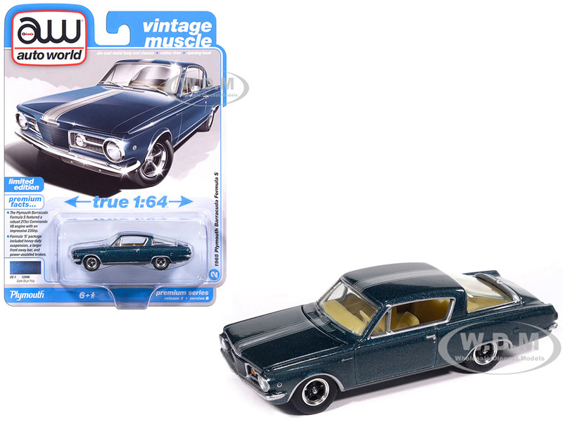 1965 Plymouth Barracuda Formula S Dark Blue Metallic with Silver Stripe Vintage Muscle Series 1/64 Diecast Model Car Auto World 64522-AWSP207B