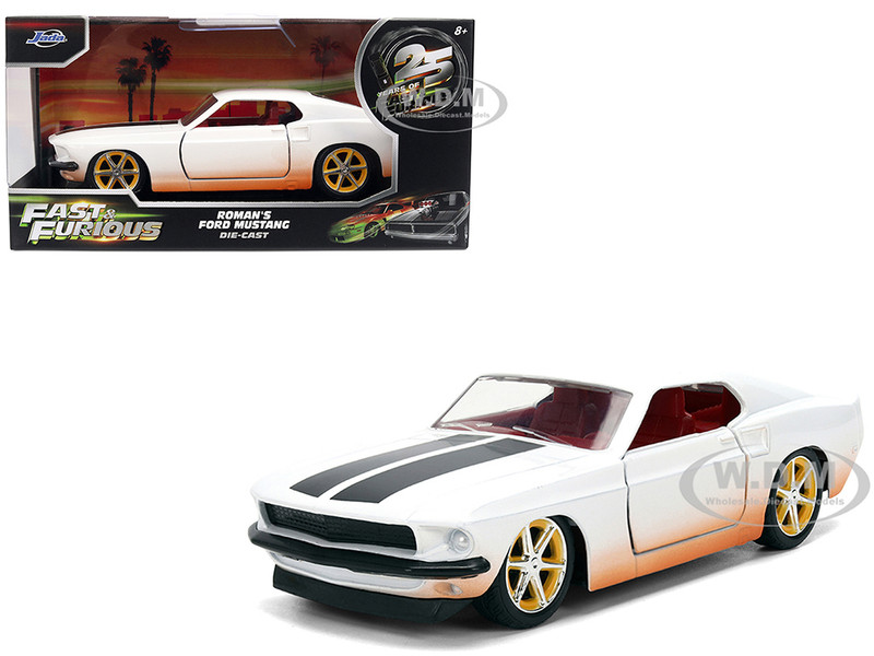 Roman s Ford Mustang White with Black Stripes and Red Interior Dirty Version Fast & Furious Movie 1/32 Diecast Model Car Jada 36394