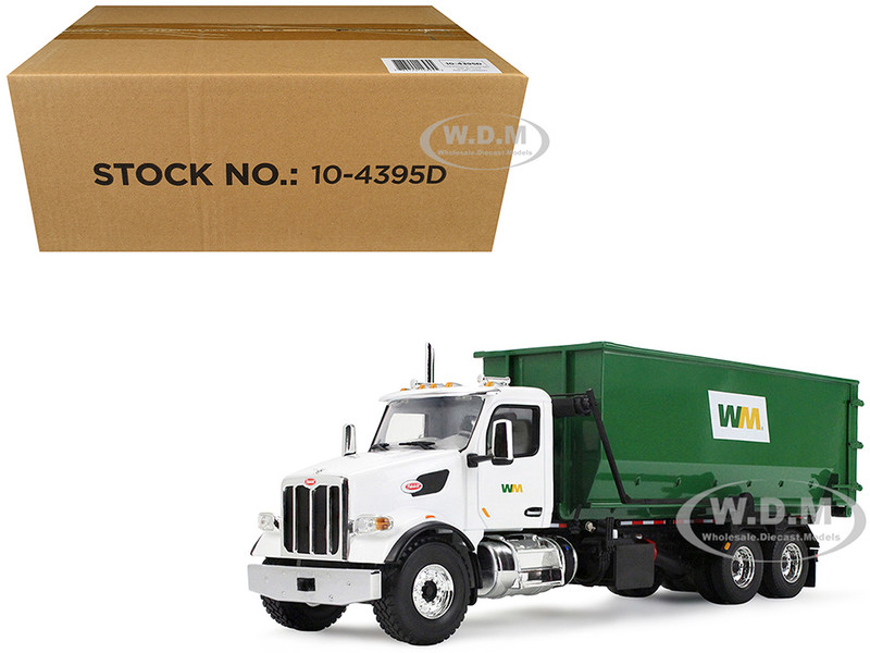 Peterbilt 567 Refuse Garbage Truck with 40 Yard Roll Off Container Waste Management White and Green 1/34 Diecast Model First Gear FG10-4395D