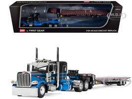 Peterbilt 389 with 48 Flat Top Sleeper and Landoll 440B 50CA Traveling Axle Trailer Black with Blue Stripes 1/64 Diecast Model DCP/First Gear 60-2190
