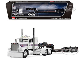 Peterbilt 389 with 36 Flat Top Sleeper and Fontaine Magnitude Lowboy Trailer White with Black Stripes 1/64 Diecast Model DCP/First Gear 60-2191