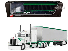 Peterbilt 389 with 63 Mid Roof Sleeper and 53 Utility Trailer White with Green Stripes 1/64 Diecast Model DCP/First Gear 60-2192