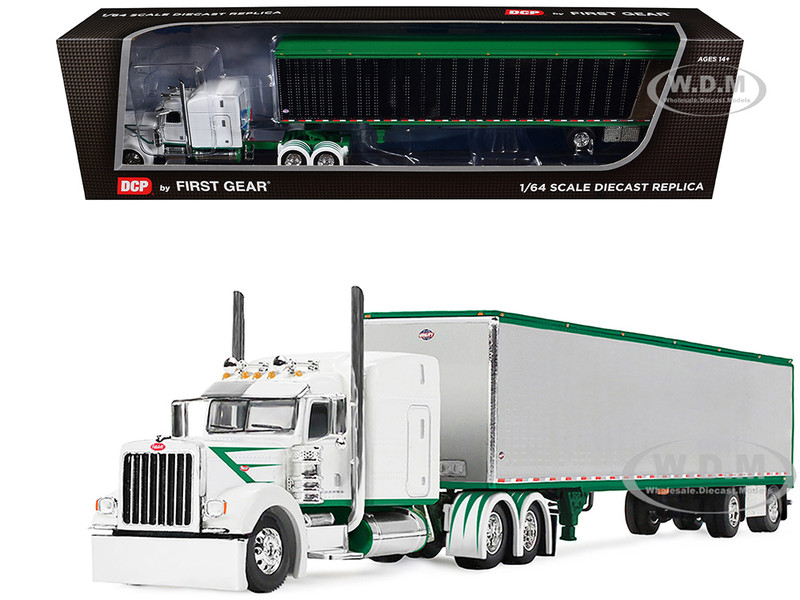 Peterbilt 389 with 63 Mid Roof Sleeper and 53 Utility Trailer White with Green Stripes 1/64 Diecast Model DCP/First Gear 60-2192