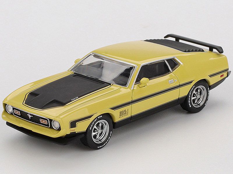 Ford Mustang Mach 1 Grabber Yellow with Black Hood and Stripes Limited Edition 1/64 Diecast Model Car Mini GT MGT01139