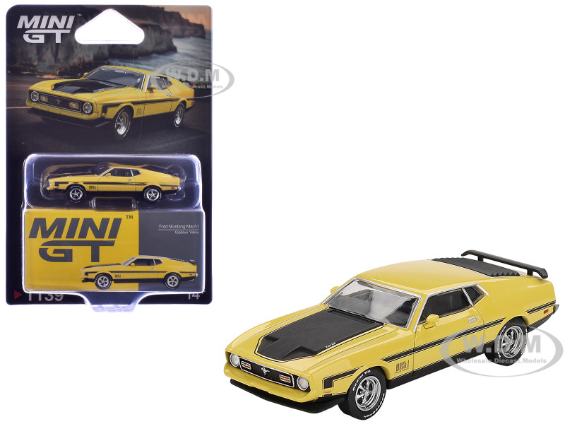 Ford Mustang Mach 1 Grabber Yellow with Black Hood and Stripes Limited Edition 1/64 Diecast Model Car Mini GT MGT01139