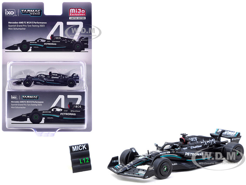 Mercedes AMG F1 W14 E Performance #47 Mick Schumacher Formula One F1 Spanish GP Tyre Testing 2023 with Pit Board Global64 Series 1/64 Diecast Model Car Tarmac Works T64G-F064-MS1