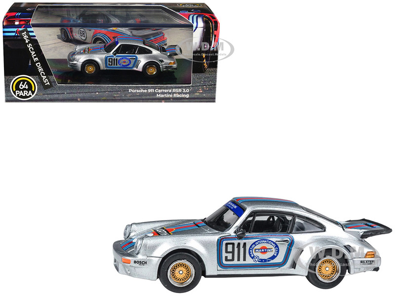 Porsche 911 Carrera RSR 3 0 Martini Racing Silver Metallic with Stripes 1/64 Diecast Model Car Paragon Models PA-55794
