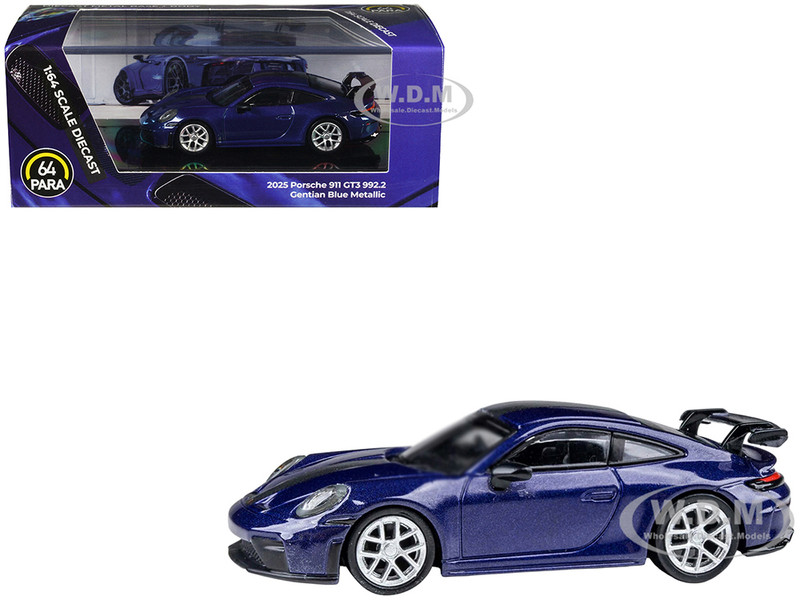 2025 Porsche 911 GT3 992 2 Gentian Blue Metallic with Carbon Stripe 1/64 Diecast Model Car Paragon Models PA-55875