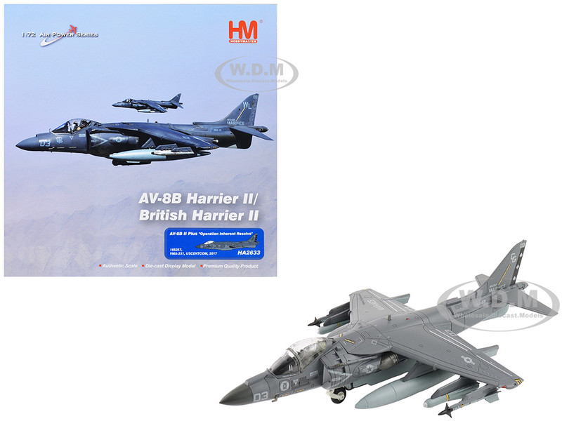 McDonnell Douglas AV 8B Plus Harrier II Aircraft 165357 VMA 231 Ace of Spades Operation Inherent Resolve USCENTCOM 2017 United States Marine Corps Air Power Series 1/72 Diecast Model Hobby Master HA2633
