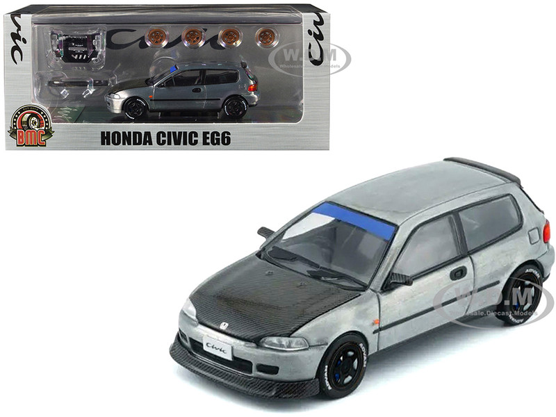 Honda Civic EG6 RHD Right Hand Drive Raw Metal with Carbon Hood with Alternates 1/64 Diecast Model Car BM Creations 64B0492