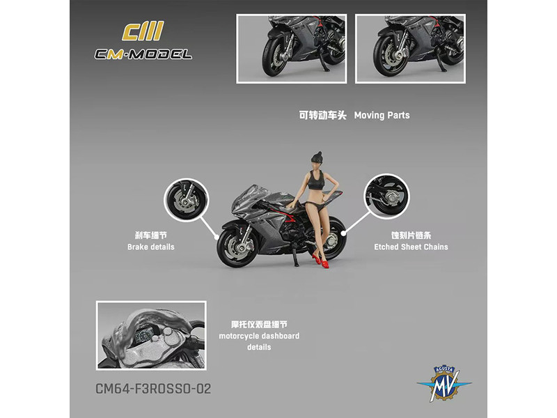2022 MV Agusta F3 Rosso Motorcycle Silver Metallic with Figure 1/64 Diecast Model CM Model CM64-F3ROSSO-02
