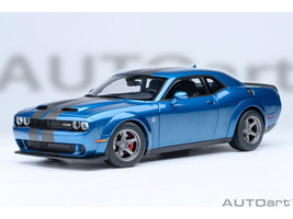 2023 Dodge Challenger SRT Super Stock Frostbite Blue Metallic with Carbon Stripes 1/18 Model Car Autoart 71767