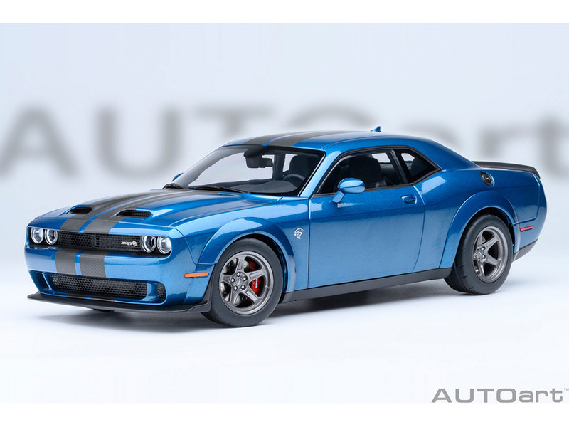 2023 Dodge Challenger SRT Super Stock Frostbite Blue Metallic with Carbon Stripes 1/18 Model Car Autoart 71767