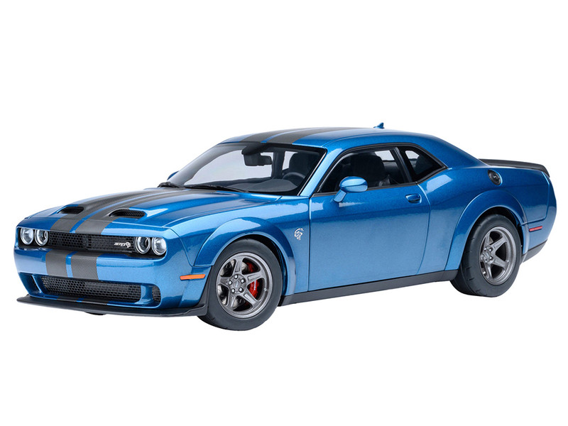 2023 Dodge Challenger SRT Super Stock Frostbite Blue Metallic with Carbon Stripes 1/18 Model Car Autoart 71767