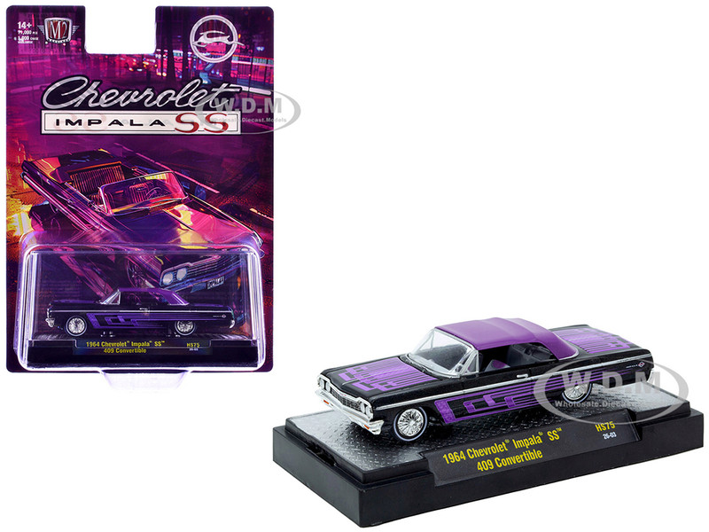 1964 Chevrolet Impala SS 409 Convertible Black Metallic with Purple Graphics and Purple Soft Top Limited Edition to 11000 pieces Worldwide 1/64 Diecast Model Car M2 Machines 31500-HS75