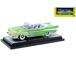 1957 Chevrolet Bel Air Convertible Green Metallic with Flame Graphics and Purple and White Interior Limited Edition to 4050 pieces Worldwide 1/24 Diecast Model Car M2 Machines 40300-139A