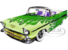 1957 Chevrolet Bel Air Convertible Green Metallic with Flame Graphics and Purple and White Interior Limited Edition to 4050 pieces Worldwide 1/24 Diecast Model Car M2 Machines 40300-139A