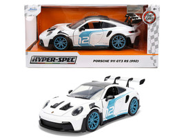 Porsche 911 GT3 RS 992 #12 White with Blue Stripes and Carbon Top Hyper Spec Series 1/24 Diecast Model Car Jada 36494