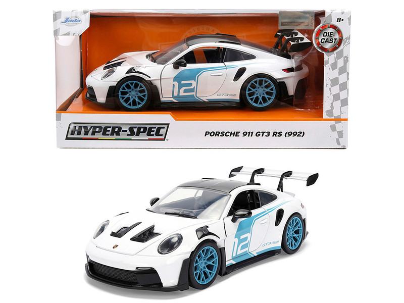 Porsche 911 GT3 RS 992 #12 White with Blue Stripes and Carbon Top Hyper Spec Series 1/24 Diecast Model Car Jada 36494
