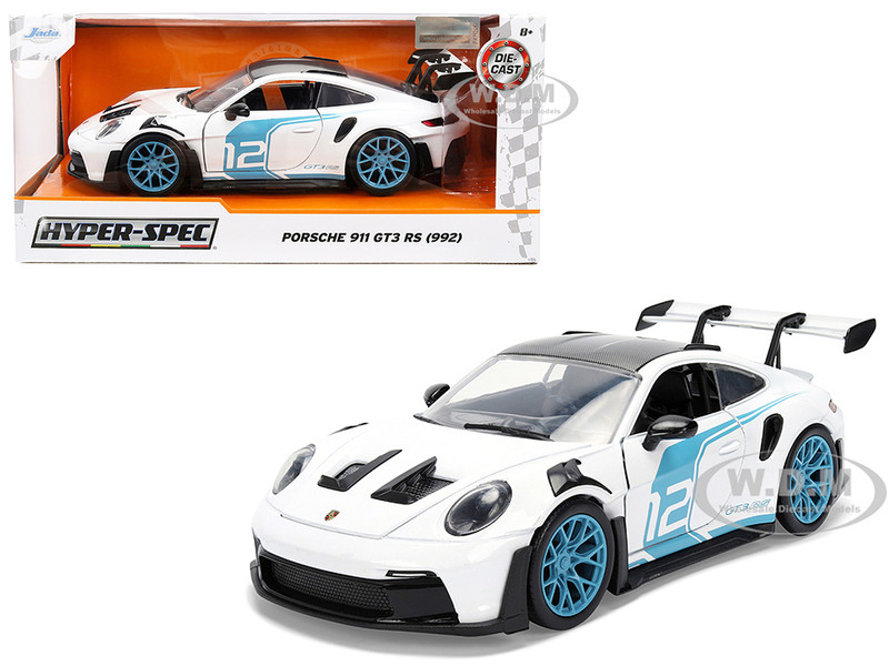 Porsche 911 GT3 RS 992 #12 White with Blue Stripes and Carbon Top Hyper Spec Series 1/24 Diecast Model Car Jada 36494