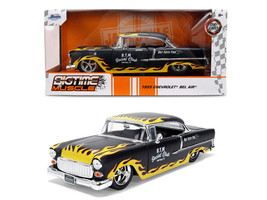1955 Chevrolet Bel Air BTM Social Club Matt Black with Flames Bigtime Muscle Series 1/24 Diecast Model Car Jada 36606