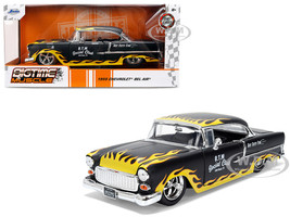 1955 Chevrolet Bel Air BTM Social Club Matt Black with Flames Bigtime Muscle Series 1/24 Diecast Model Car Jada 36606