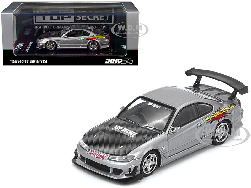 Nissan Top Secret Silvia S15 RHD Right Hand Drive Silver Metallic with Carbon Hood 1/64 Diecast Model Car Inno Models IN64-S15TS-SIL