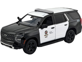 2025 Chevrolet Tahoe Police Pursuit Vehicle Los Angeles Police Department LAPD Black and White Law Enforcement and Public Service Series 1/24 Diecast Model Car Motormax 76636