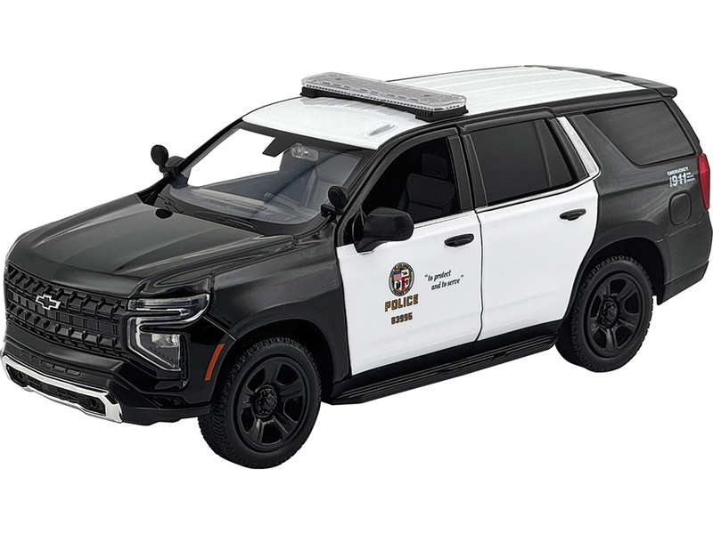 2025 Chevrolet Tahoe Police Pursuit Vehicle Los Angeles Police Department LAPD Black and White Law Enforcement and Public Service Series 1/24 Diecast Model Car Motormax 76636
