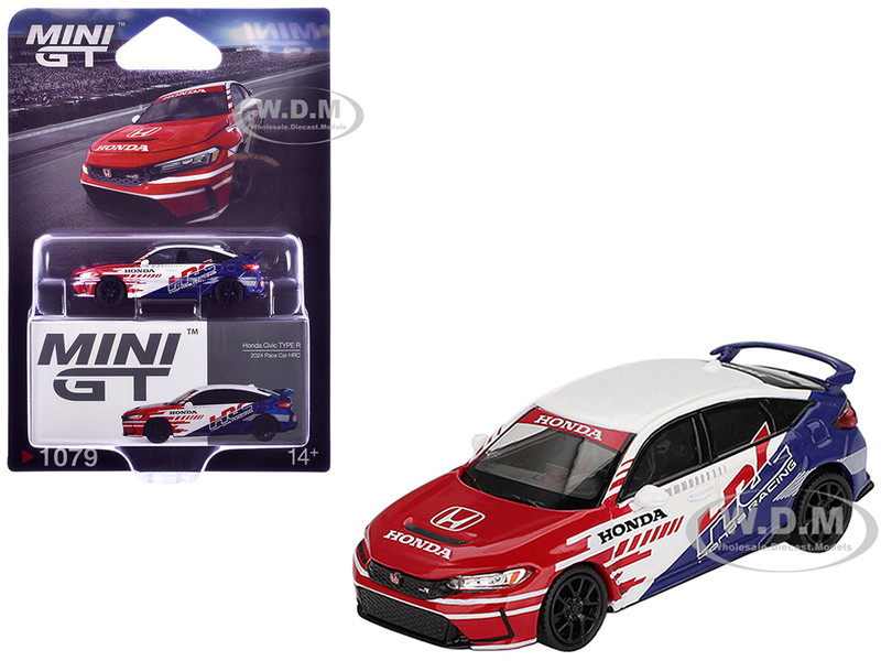 Honda Civic TYPE R 2024 Pace Car HRC White with Red and Blue Graphics Limited Edition 1/64 Diecast Model Car Mini GT MGT01079