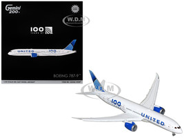 Boeing 787 9 Commercial Aircraft with Flaps Down United Airlines 100 Years N61101 White with Graphics and Blue Tail Gemini 200 Series 1/200 Diecast Model Airplane GeminiJets G2UAL1258F
