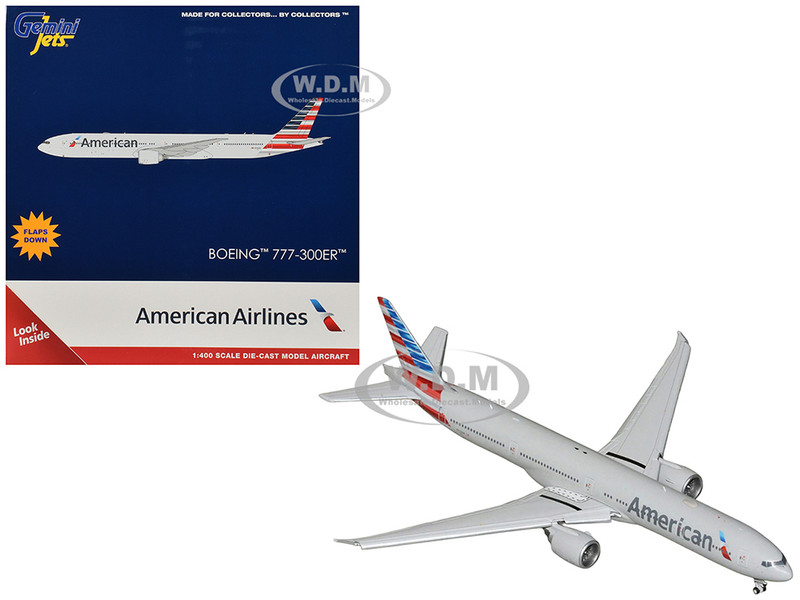 Boeing 777 300ER Commercial Aircraft with Flaps Down American Airlines N722AN Gray with Striped Tail 1/400 Diecast Model Airplane GeminiJets GJ2303F