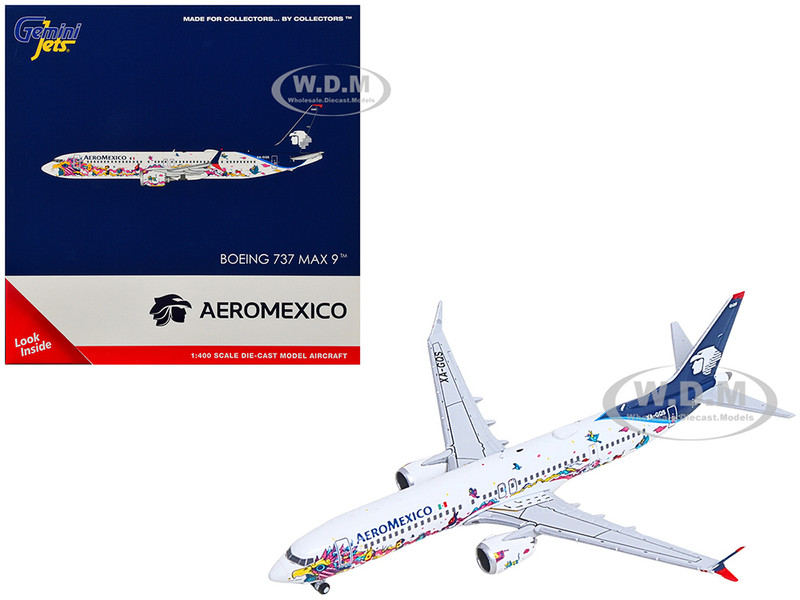 Boeing 737 MAX 9 Commercial Aircraft Aeromexico Kukulcan XA GQS White with Graphics and Blue Tail 1/400 Diecast Model Airplane GeminiJets GJ2316