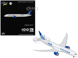 Boeing 787 9 Commercial Aircraft with Flaps Down United Airlines 100 Years N61101 White with Graphics and Blue Tail 1/400 Diecast Model Airplane GeminiJets GJUAL2228F
