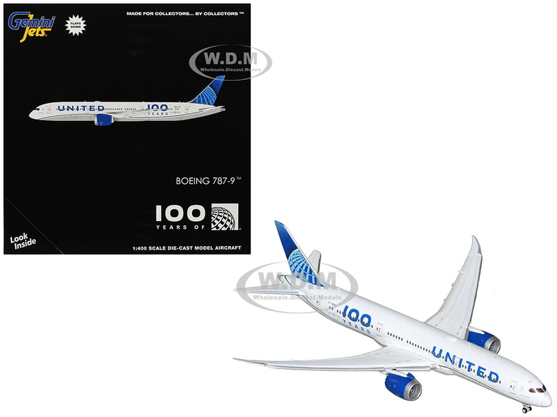 Boeing 787 9 Commercial Aircraft with Flaps Down United Airlines 100 Years N61101 White with Graphics and Blue Tail 1/400 Diecast Model Airplane GeminiJets GJUAL2228F