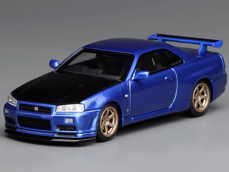 Nissan Skyline GT R R34 V Spec II RHD Right Hand Drive Bayside Blue Metallic with Carbon Hood Senior 64 Series 1/64 Diecast Model Car MotorHelix M63450-HK