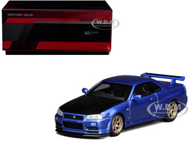 Nissan Skyline GT R R34 V Spec II RHD Right Hand Drive Bayside Blue Metallic with Carbon Hood Senior 64 Series 1/64 Diecast Model Car MotorHelix M63450-HK