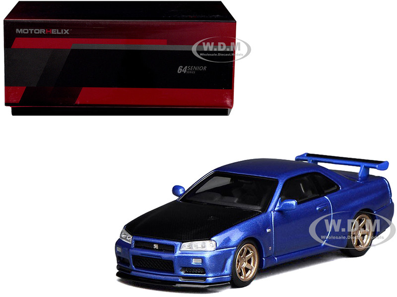 Nissan Skyline GT R R34 V Spec II RHD Right Hand Drive Bayside Blue Metallic with Carbon Hood Senior 64 Series 1/64 Diecast Model Car MotorHelix M63450-HK
