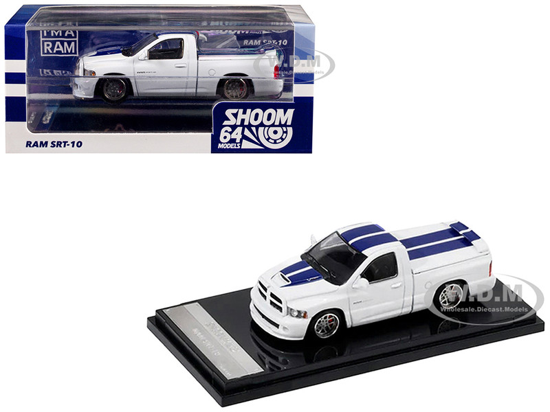 2003 Dodge Ram SRT 10 Pickup Truck White with Blue Stripes 1/64 Diecast Model Car Shoom64 Models SHOOM-103-005