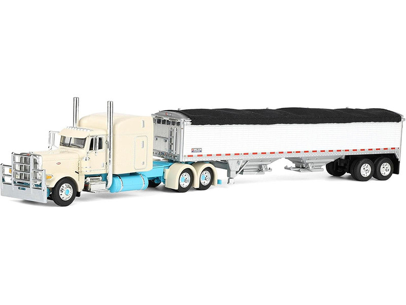 Peterbilt 389 with 63 Mid Roof Sleeper and 43 Wilson Pacesetter High Sided Grain Trailer Capitola Trucking Cream 1/64 Diecast Model DCP/First Gear 60-2207