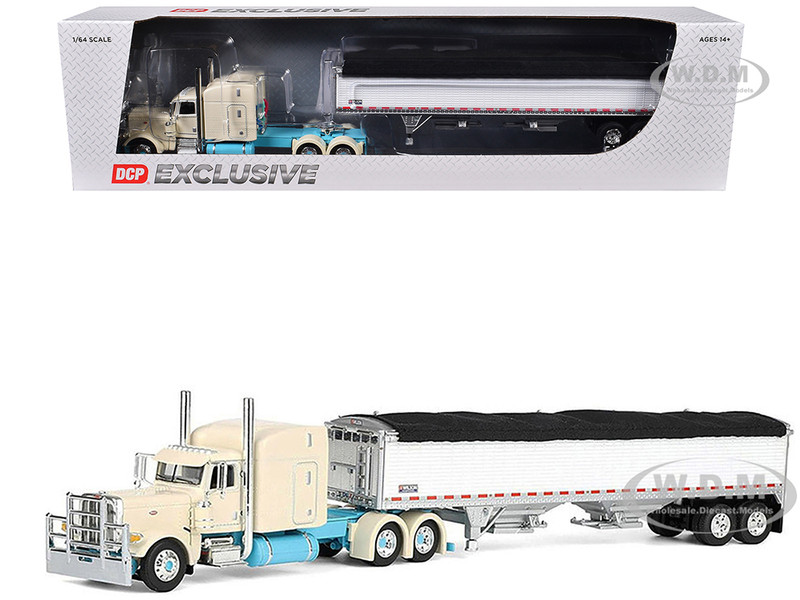 Peterbilt 389 with 63 Mid Roof Sleeper and 43 Wilson Pacesetter High Sided Grain Trailer Capitola Trucking Cream 1/64 Diecast Model DCP/First Gear 60-2207