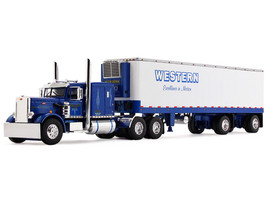 Peterbilt 351 with 63 Flat Top Sleeper and 40 Vintage Trailer with Reefer Western Distributing Blue Metallic and White 1/64 Diecast Model DCP/First Gear 60-2285
