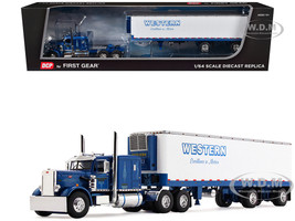 Peterbilt 351 with 63 Flat Top Sleeper and 40 Vintage Trailer with Reefer Western Distributing Blue Metallic and White 1/64 Diecast Model DCP/First Gear 60-2285