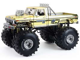 1979 Ford F 250 Monster Truck Bigfoot #1 50th Anniversary Gold Chrome with Bob Chandler Standing Figure Kings of Crunch Series 1/18 Diecast Model Car Greenlight 13715