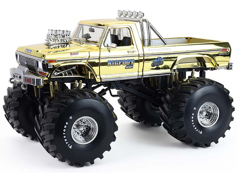 1979 Ford F 250 Monster Truck Bigfoot #1 50th Anniversary Gold Chrome with Bob Chandler Standing Figure Kings of Crunch Series 1/18 Diecast Model Car Greenlight 13715